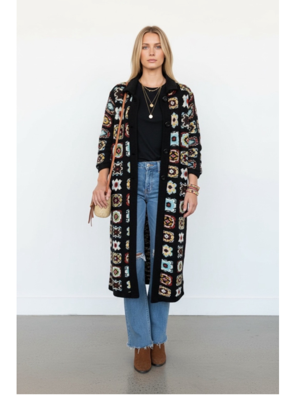 Women's Unbranded Multi-Color Patterned Long Cardigan Sweater, Size M